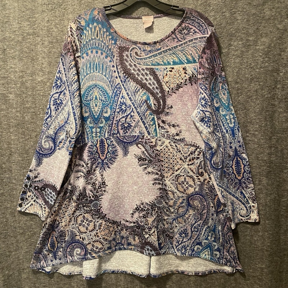 Chicos Sweater Womens 2‎ Large Paisley Hi Low Stretch Knit Top Tunic Button Cuff